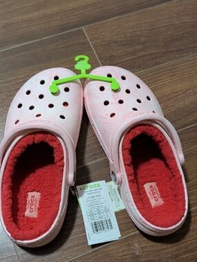 CROCS Pink Clogs with Red Fleece Lining